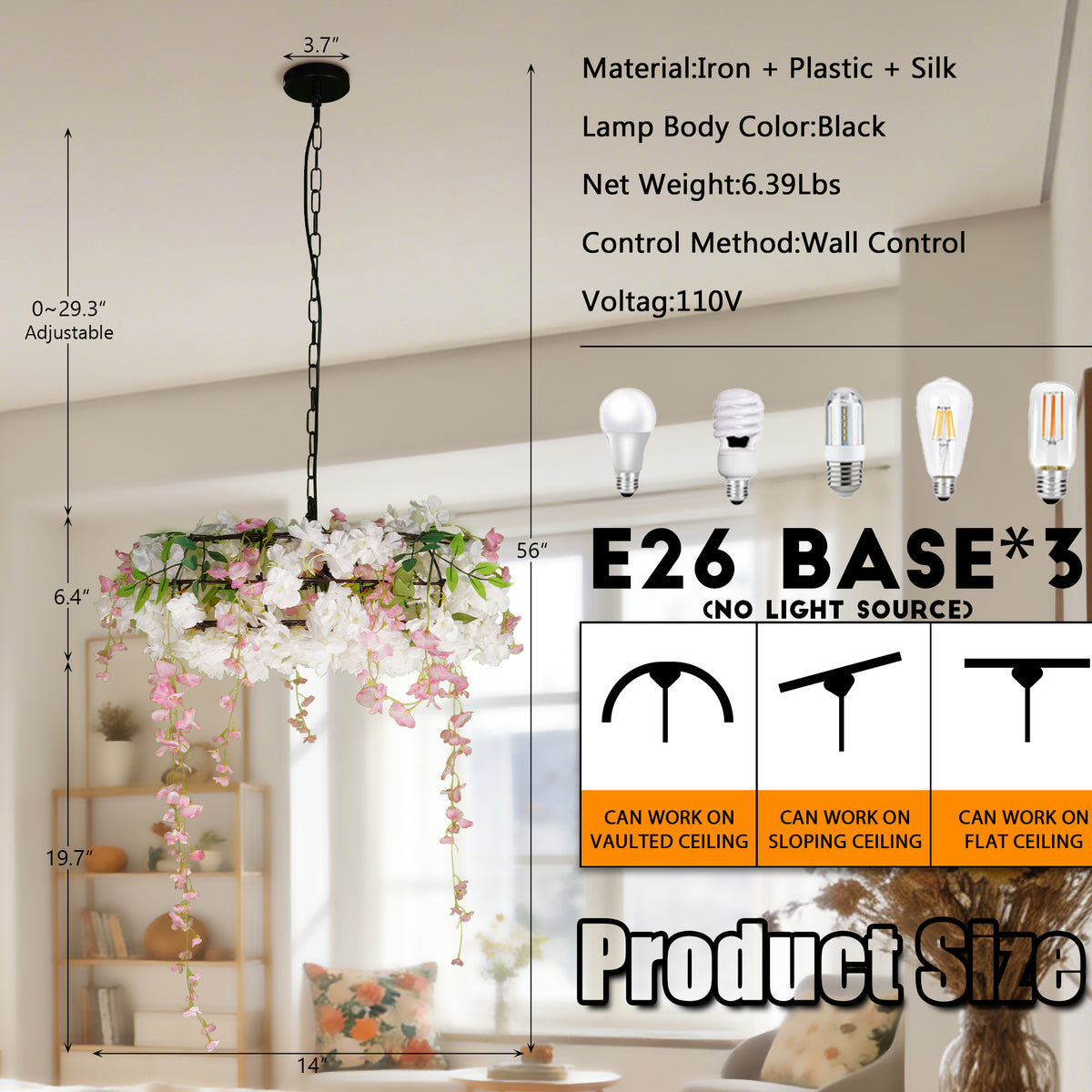 Artificial Cherry Blossom Wisteria Chandelier | 3-Light E26 Adjustable Floral Pendant Light