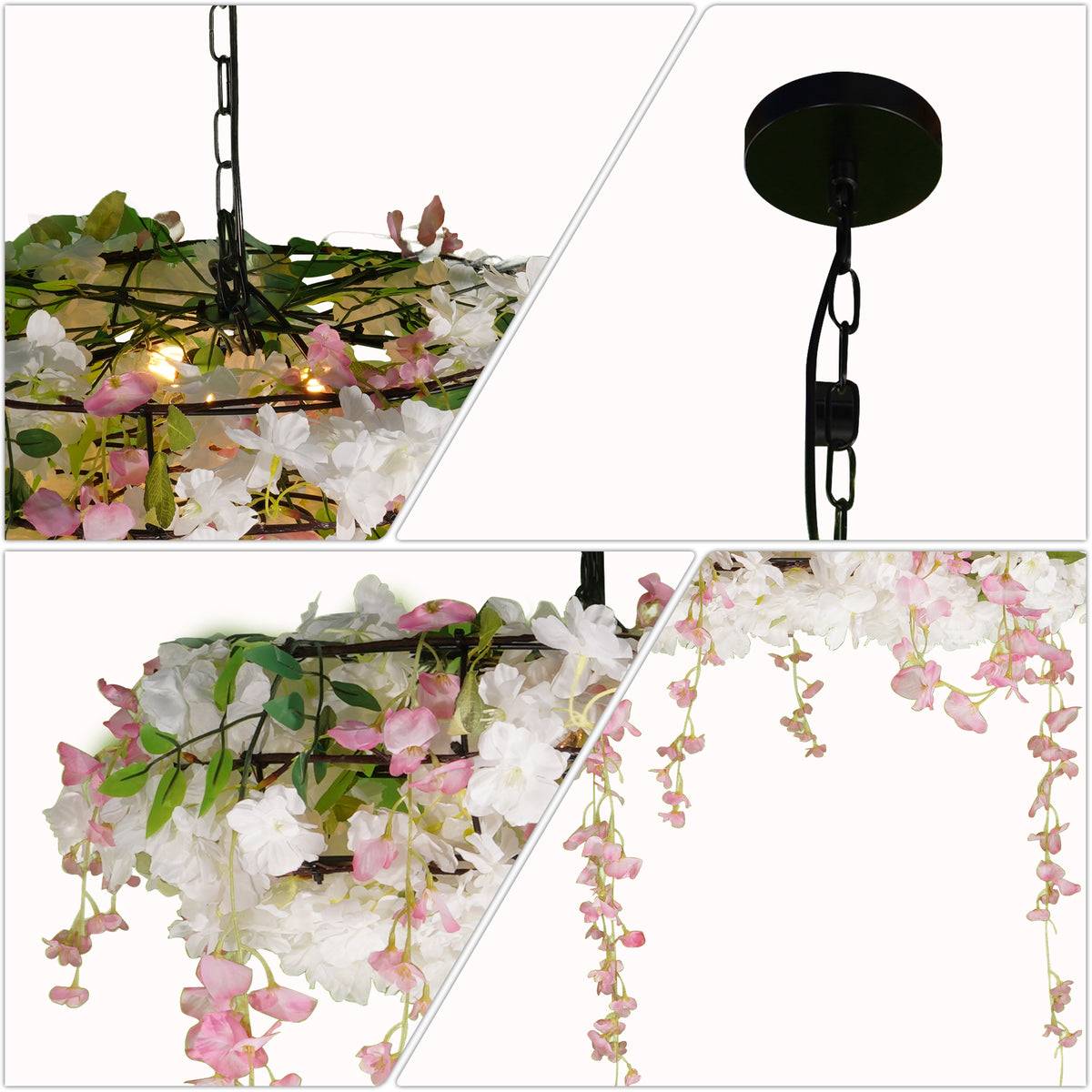 Artificial Cherry Blossom Wisteria Chandelier | 3-Light E26 Adjustable Floral Pendant Light