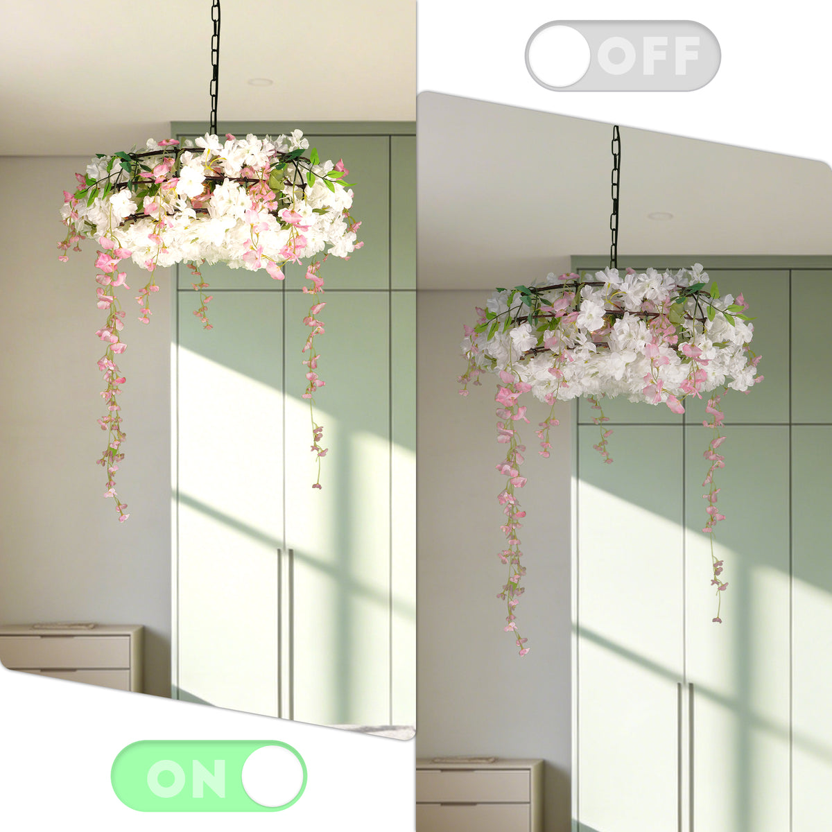 Artificial Cherry Blossom Wisteria Chandelier | 3-Light E26 Adjustable Floral Pendant Light