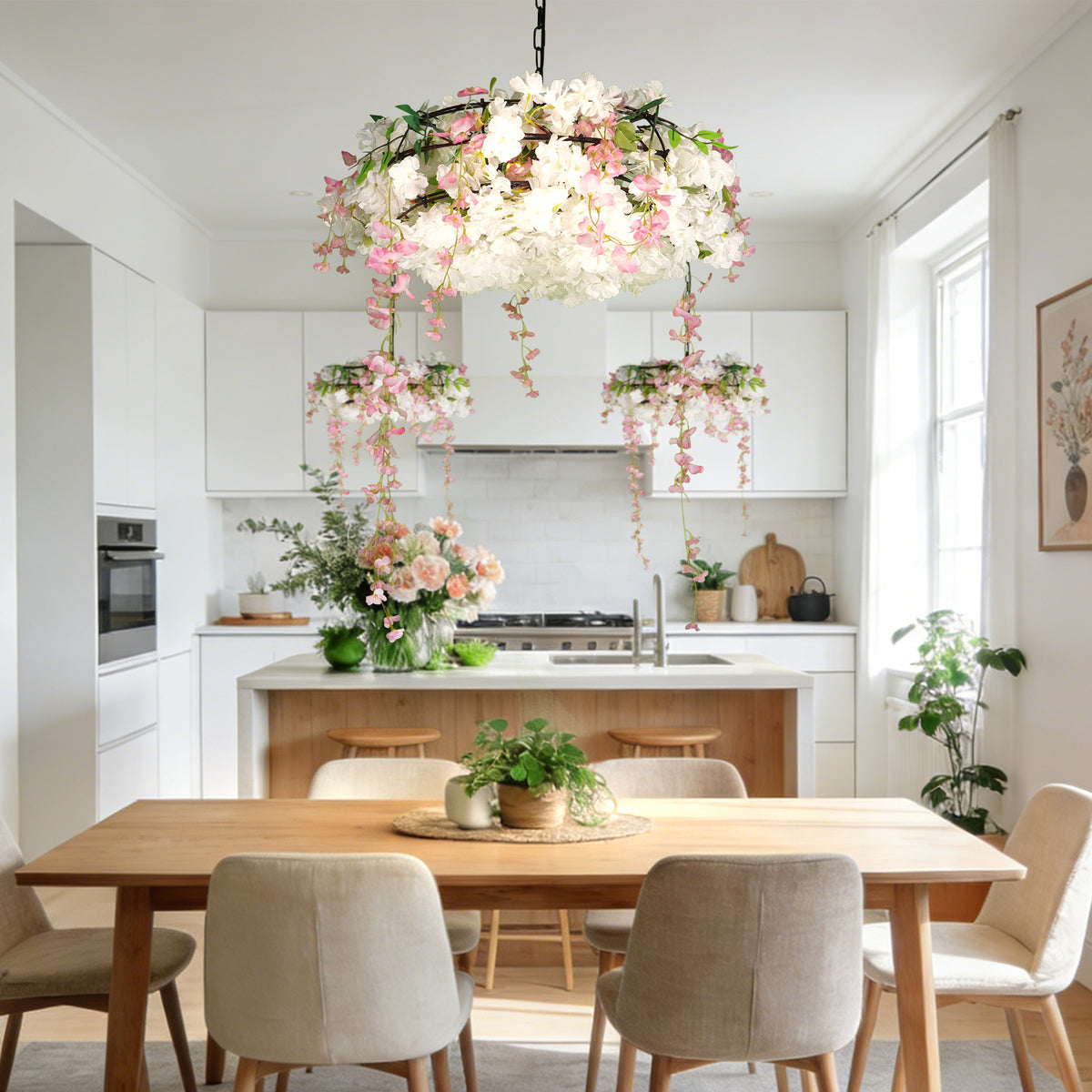 Artificial Cherry Blossom Wisteria Chandelier | 3-Light E26 Adjustable Floral Pendant Light