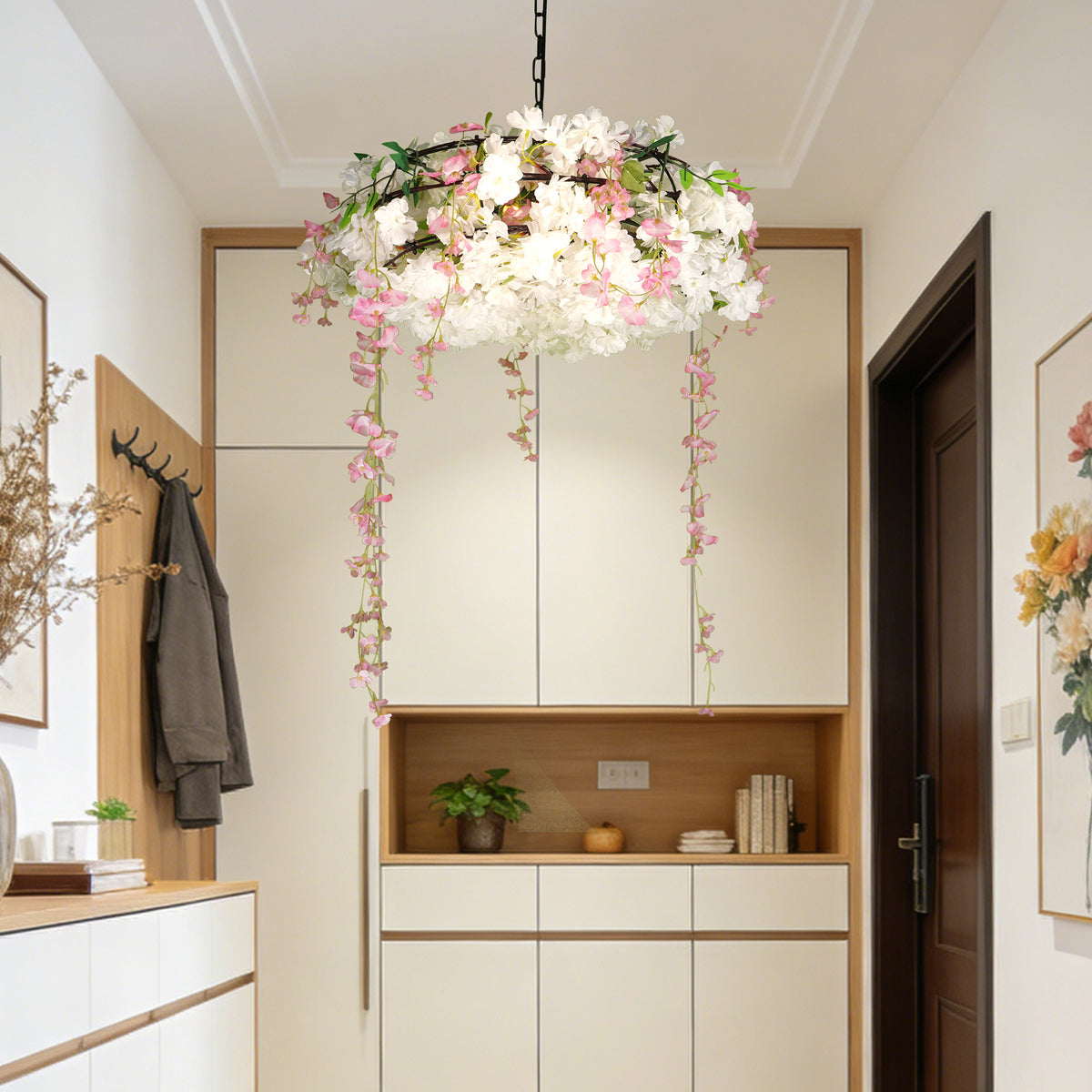 Artificial Cherry Blossom Wisteria Chandelier | 3-Light E26 Adjustable Floral Pendant Light
