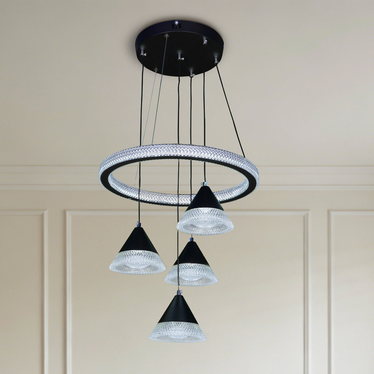 Modern Black Ring Crystal Pendant Light - 3-Color Dimmable Adjustable Height Ceiling Lamp