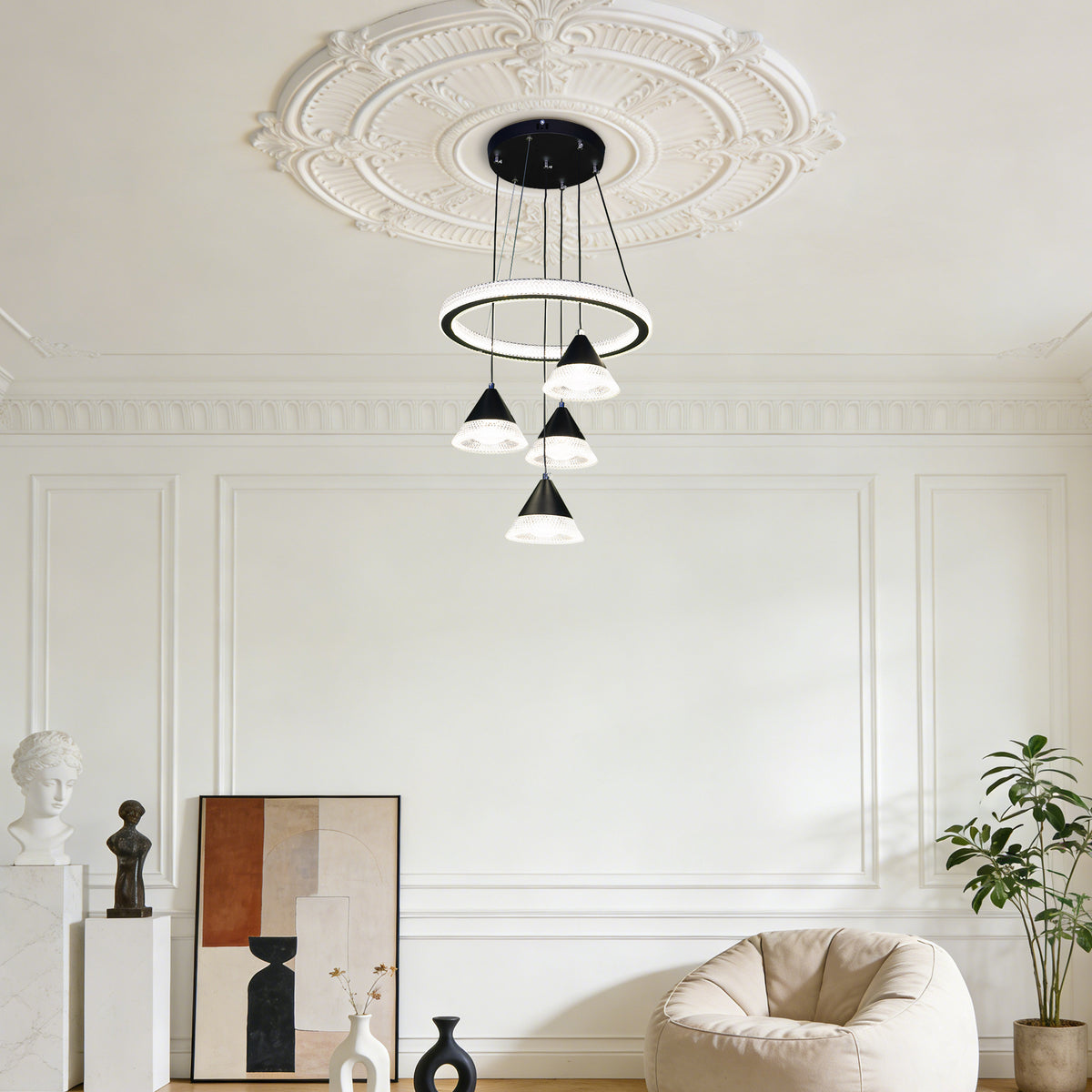 Modern Black Ring Crystal Pendant Light - 3-Color Dimmable Adjustable Height Ceiling Lamp