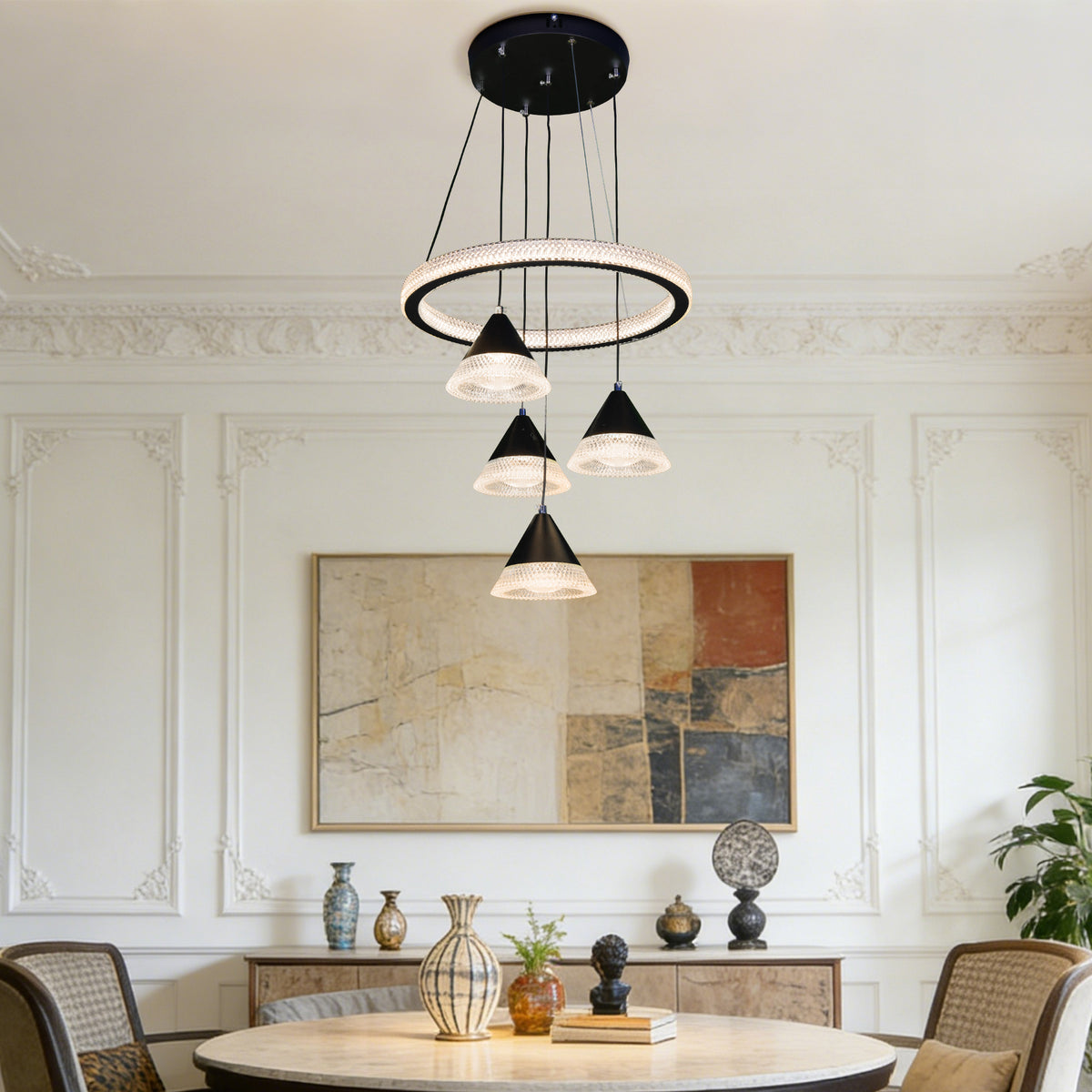 Modern Black Ring Crystal Pendant Light - 3-Color Dimmable Adjustable Height Ceiling Lamp