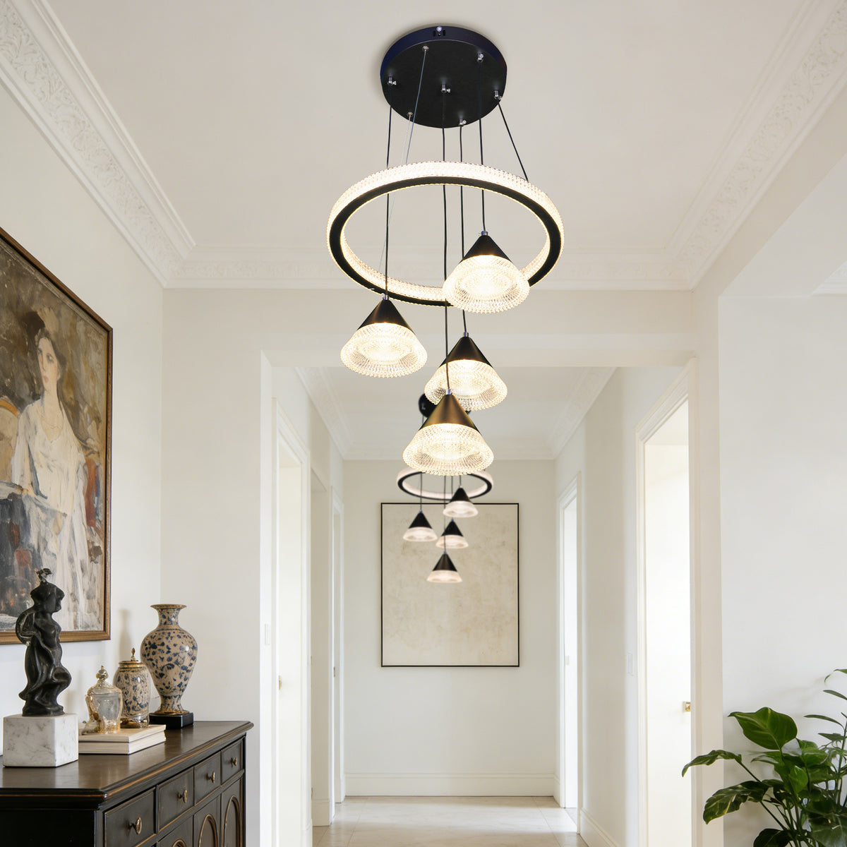 Modern Black Ring Crystal Pendant Light - 3-Color Dimmable Adjustable Height Ceiling Lamp
