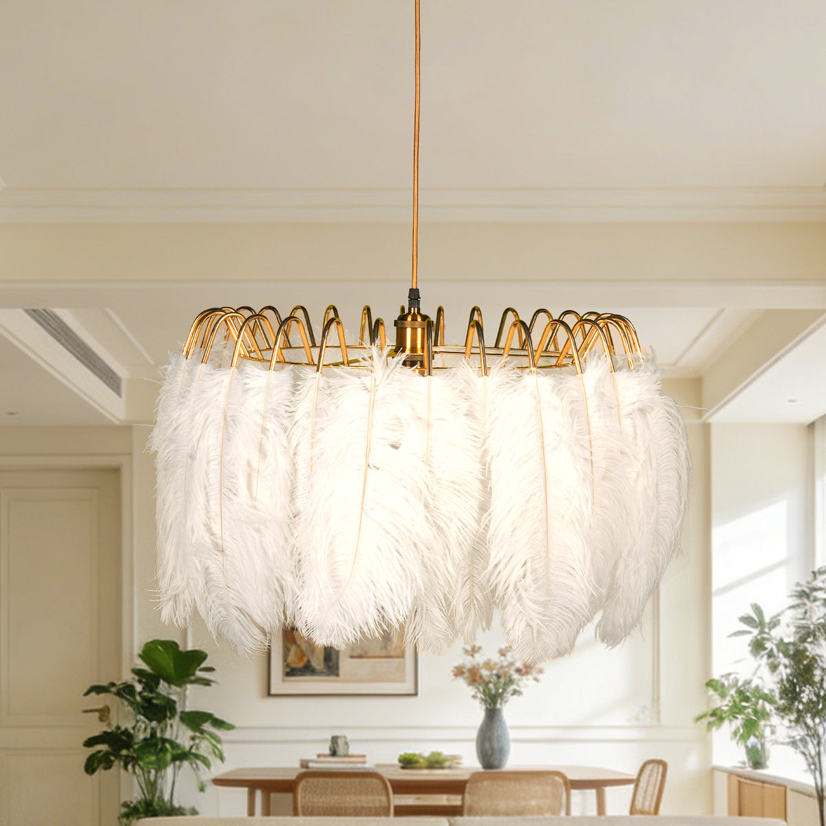 Dimmable 3-Color White Ostrich Feather Chandelier | Modern Gold Adjustable Height Pendant Light