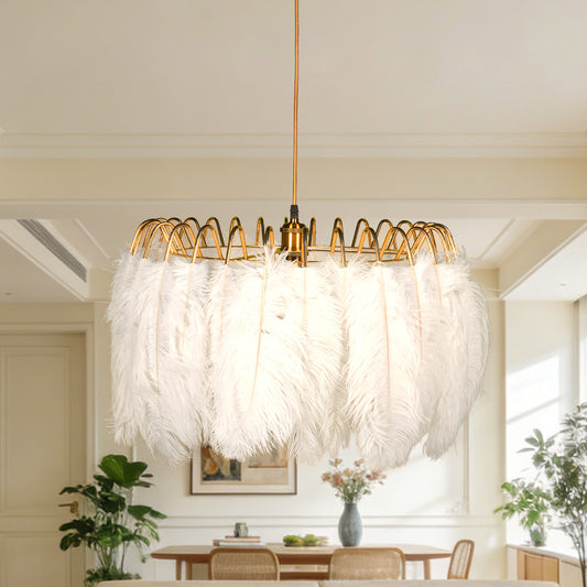 Dimmable 3-Color White Ostrich Feather Chandelier | Modern Gold Adjustable Height Pendant Light