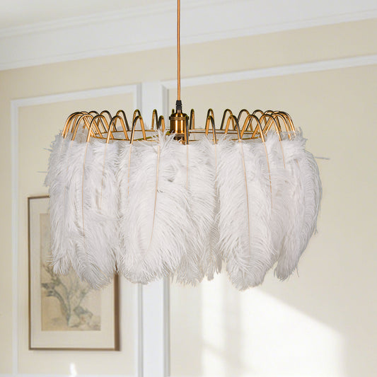 Dimmable 3-Color White Ostrich Feather Chandelier | Modern Gold Adjustable Height Pendant Light