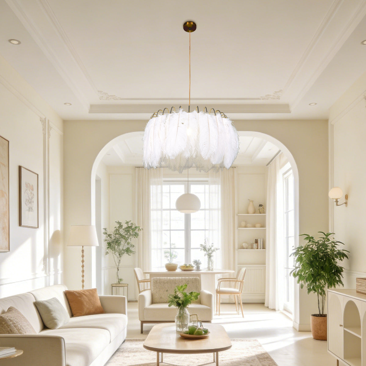 Dimmable 3-Color White Ostrich Feather Chandelier | Modern Gold Adjustable Height Pendant Light