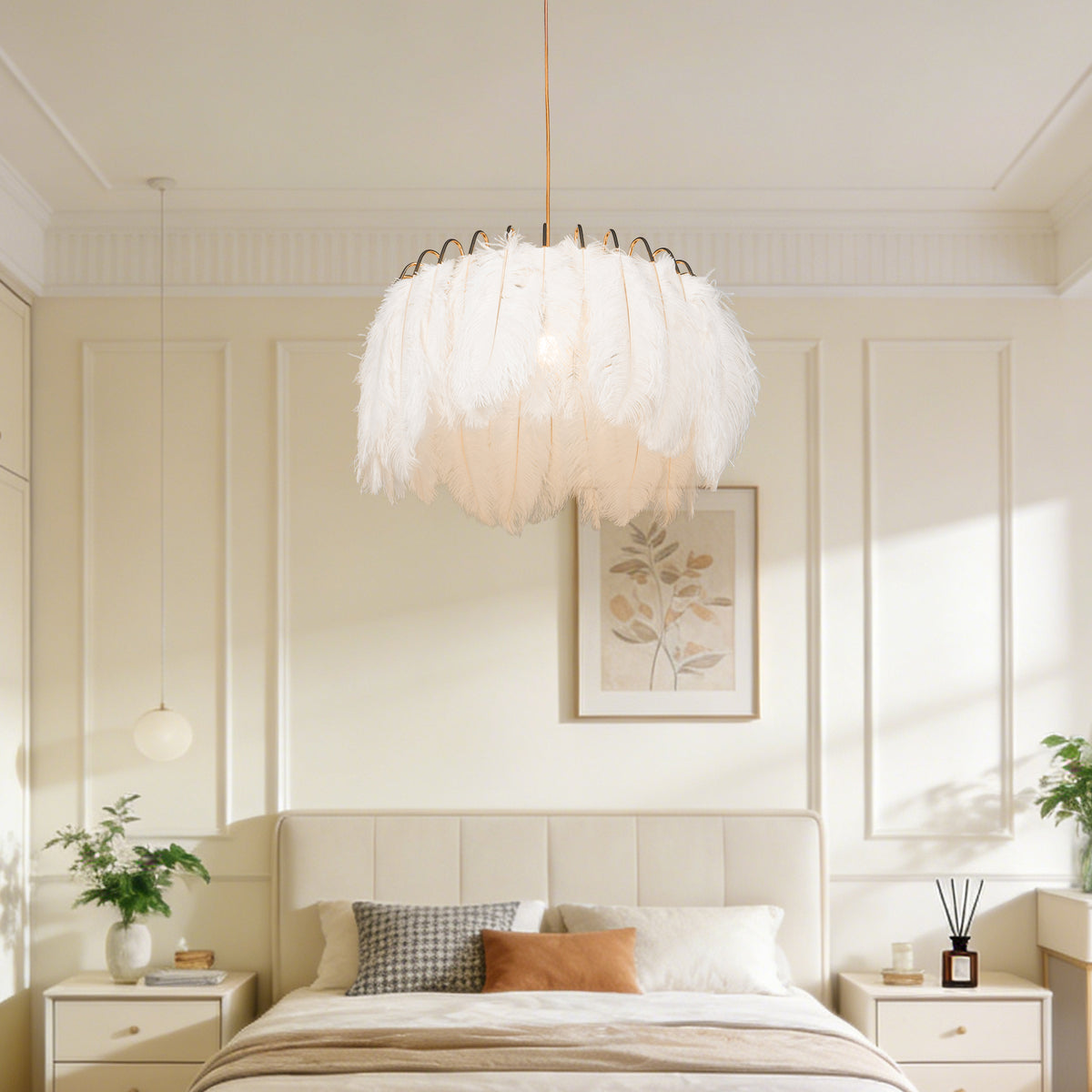 Dimmable 3-Color White Ostrich Feather Chandelier | Modern Gold Adjustable Height Pendant Light