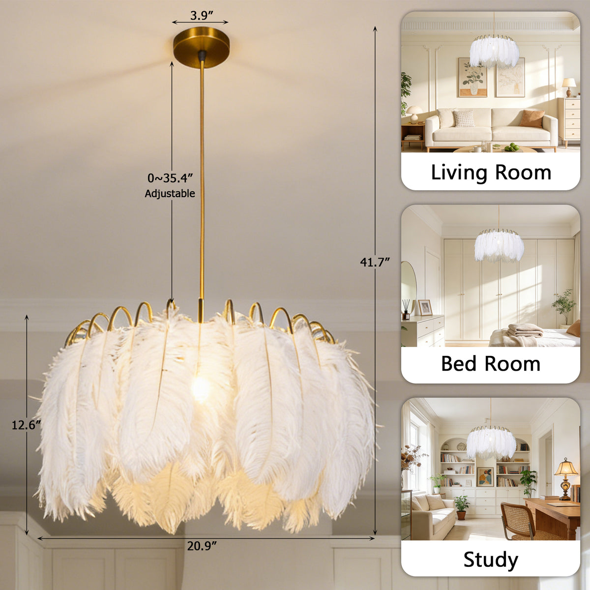 Dimmable 3-Color White Ostrich Feather Chandelier | Modern Gold Adjustable Height Pendant Light