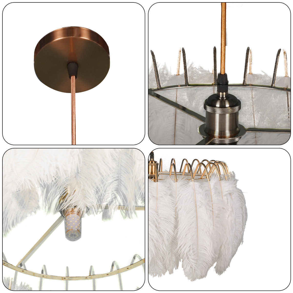 Dimmable 3-Color White Ostrich Feather Chandelier | Modern Gold Adjustable Height Pendant Light