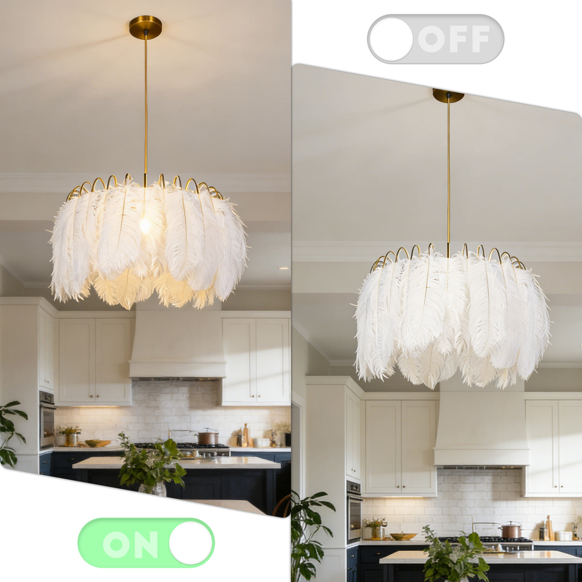 Dimmable 3-Color White Ostrich Feather Chandelier | Modern Gold Adjustable Height Pendant Light