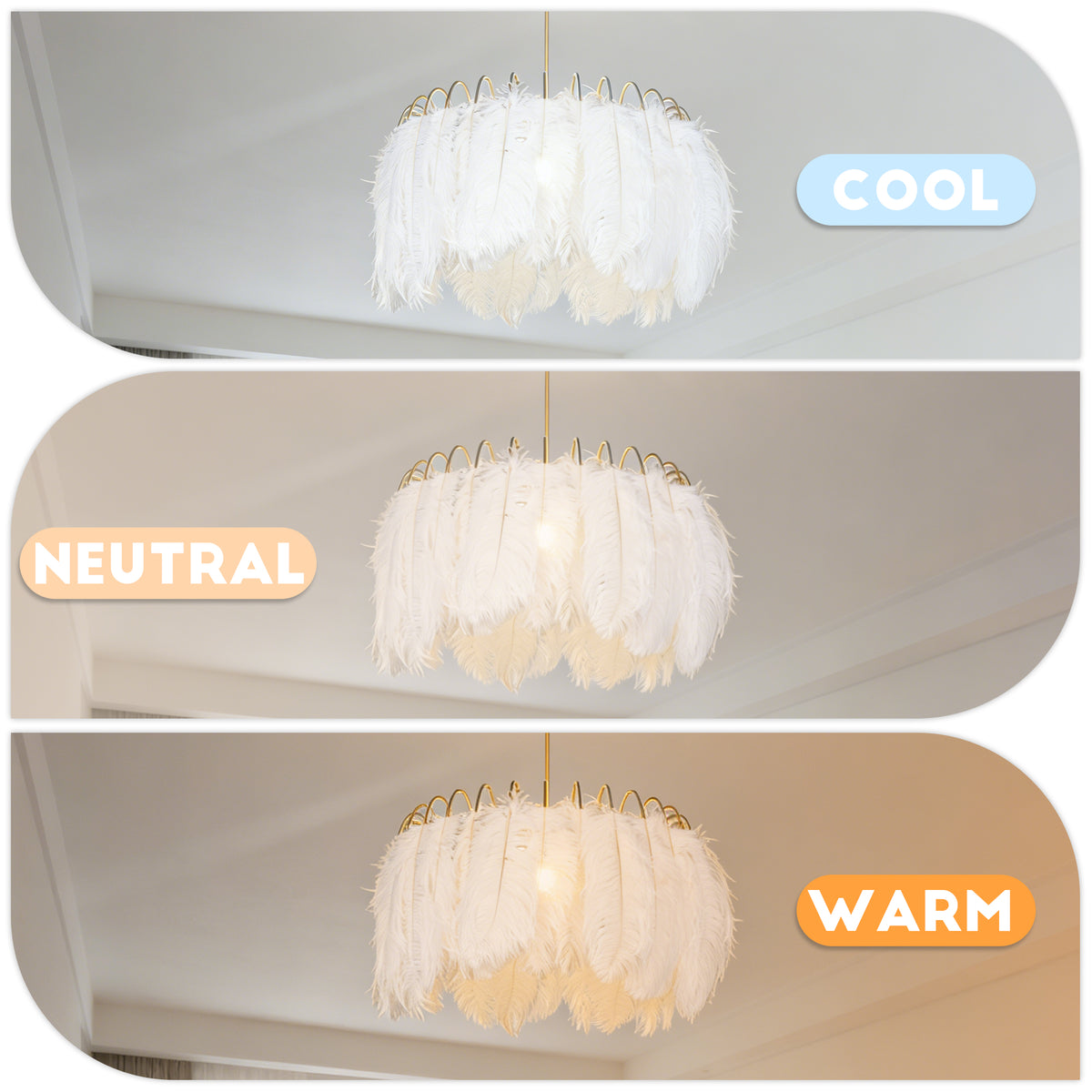 Dimmable 3-Color White Ostrich Feather Chandelier | Modern Gold Adjustable Height Pendant Light