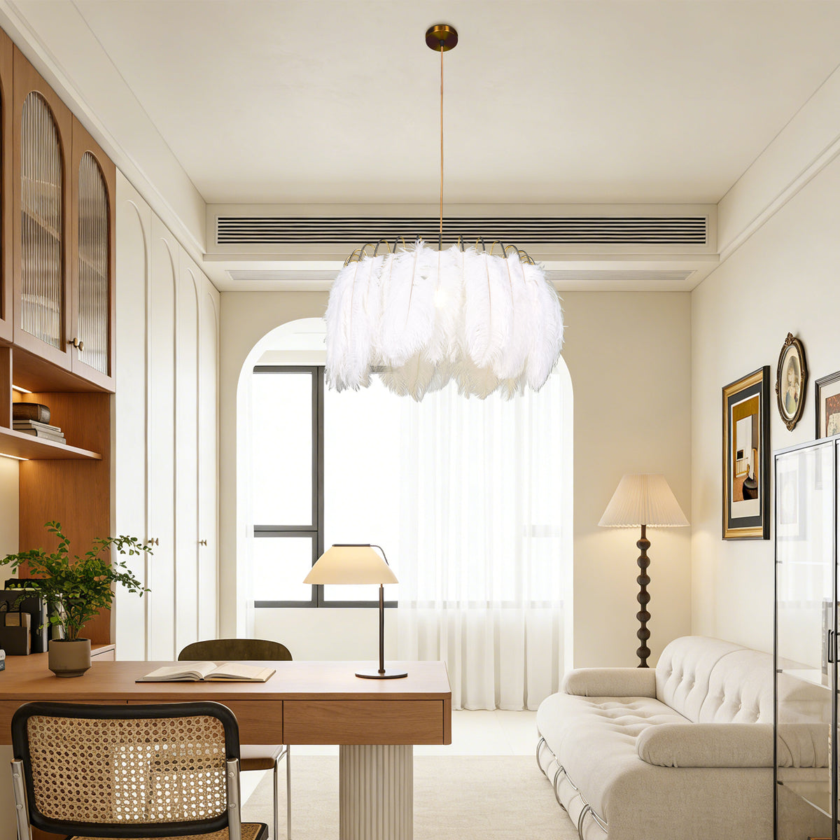 Dimmable 3-Color White Ostrich Feather Chandelier | Modern Gold Adjustable Height Pendant Light