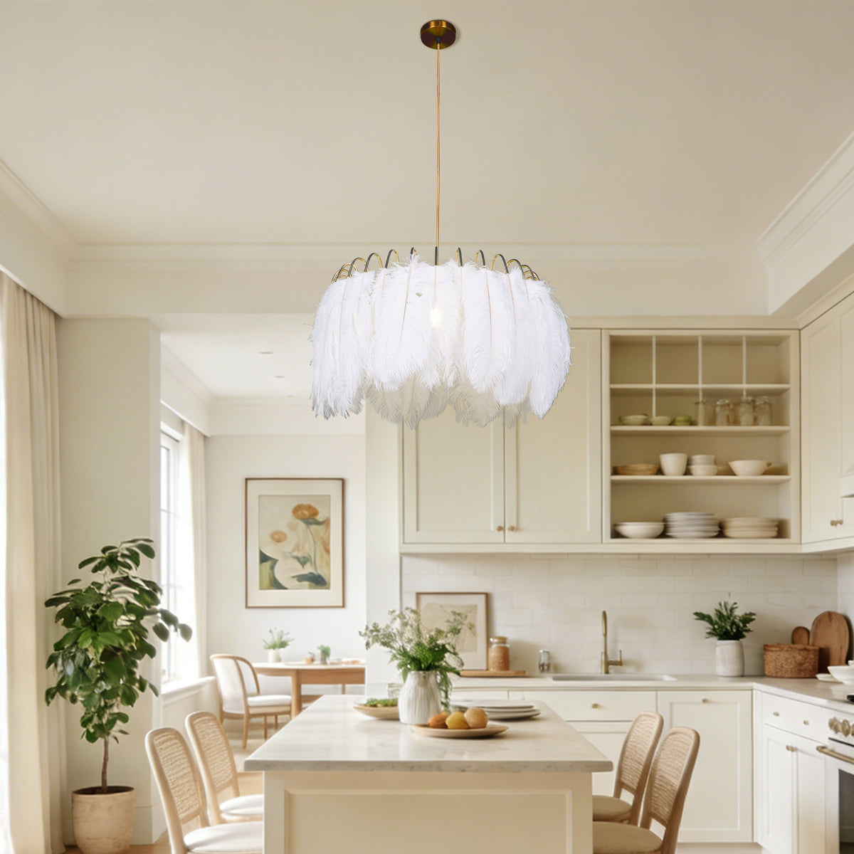 Dimmable 3-Color White Ostrich Feather Chandelier | Modern Gold Adjustable Height Pendant Light