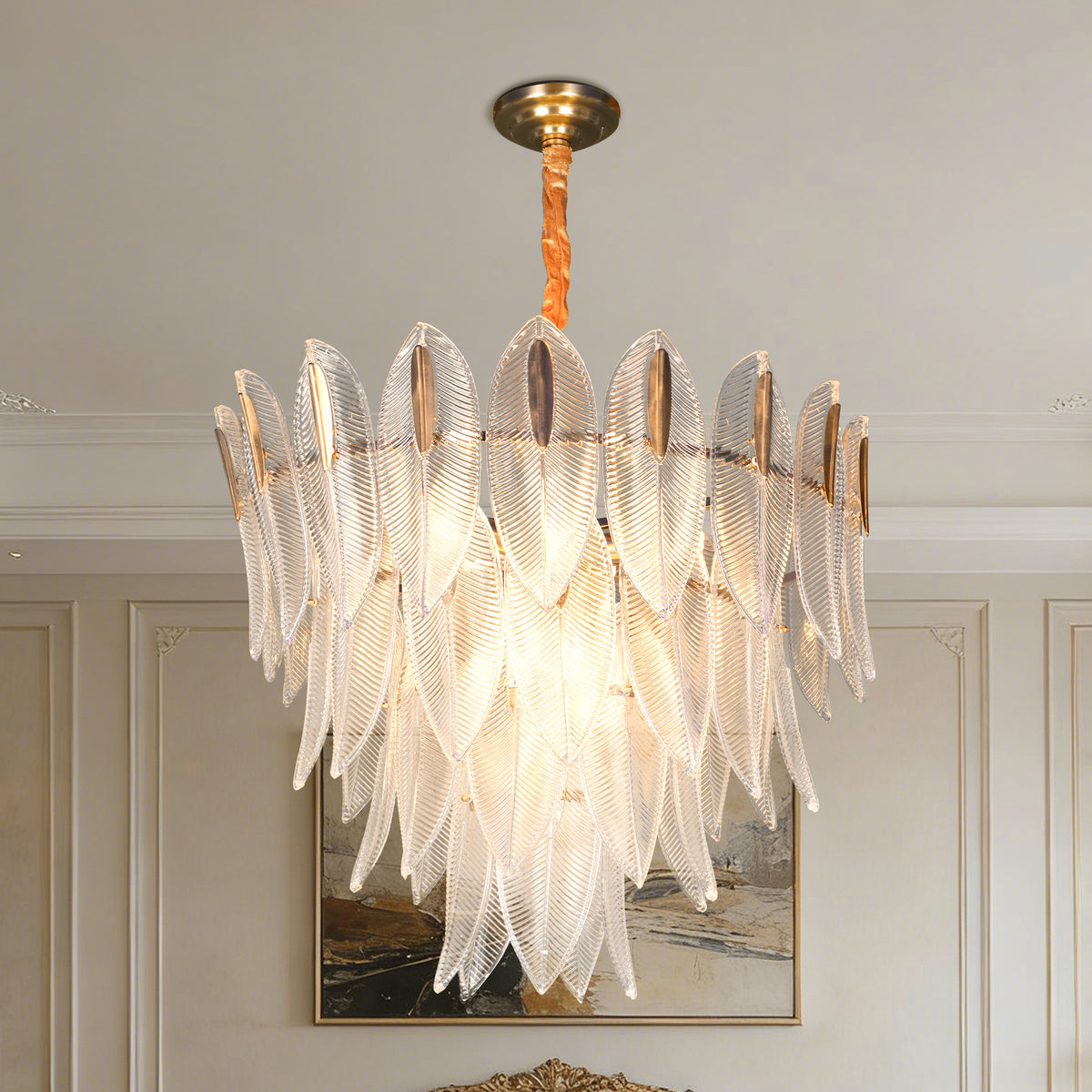 Dimmable 3-Color Glass Leaf Chandelier | Modern Luxury Adjustable Height Pendant Light for Living Room Dining Room Bedroom Study
