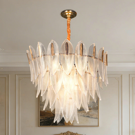 Dimmable 3-Color Glass Leaf Chandelier | Modern Luxury Adjustable Height Pendant Light for Living Room Dining Room Bedroom Study