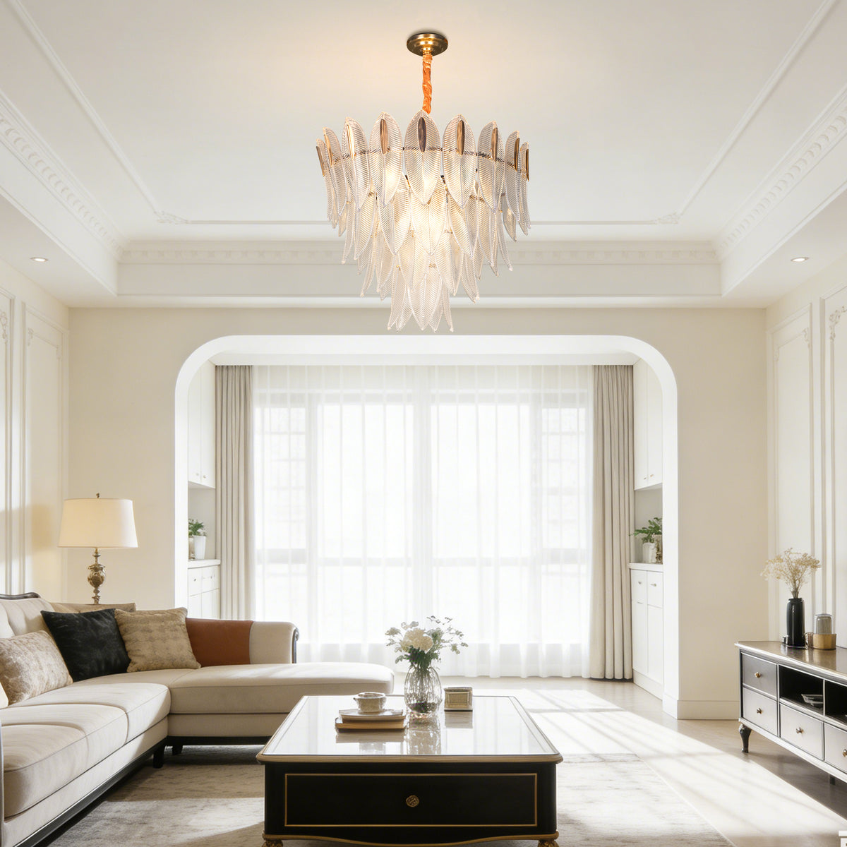 Dimmable 3-Color Glass Leaf Chandelier | Modern Luxury Adjustable Height Pendant Light for Living Room Dining Room Bedroom Study