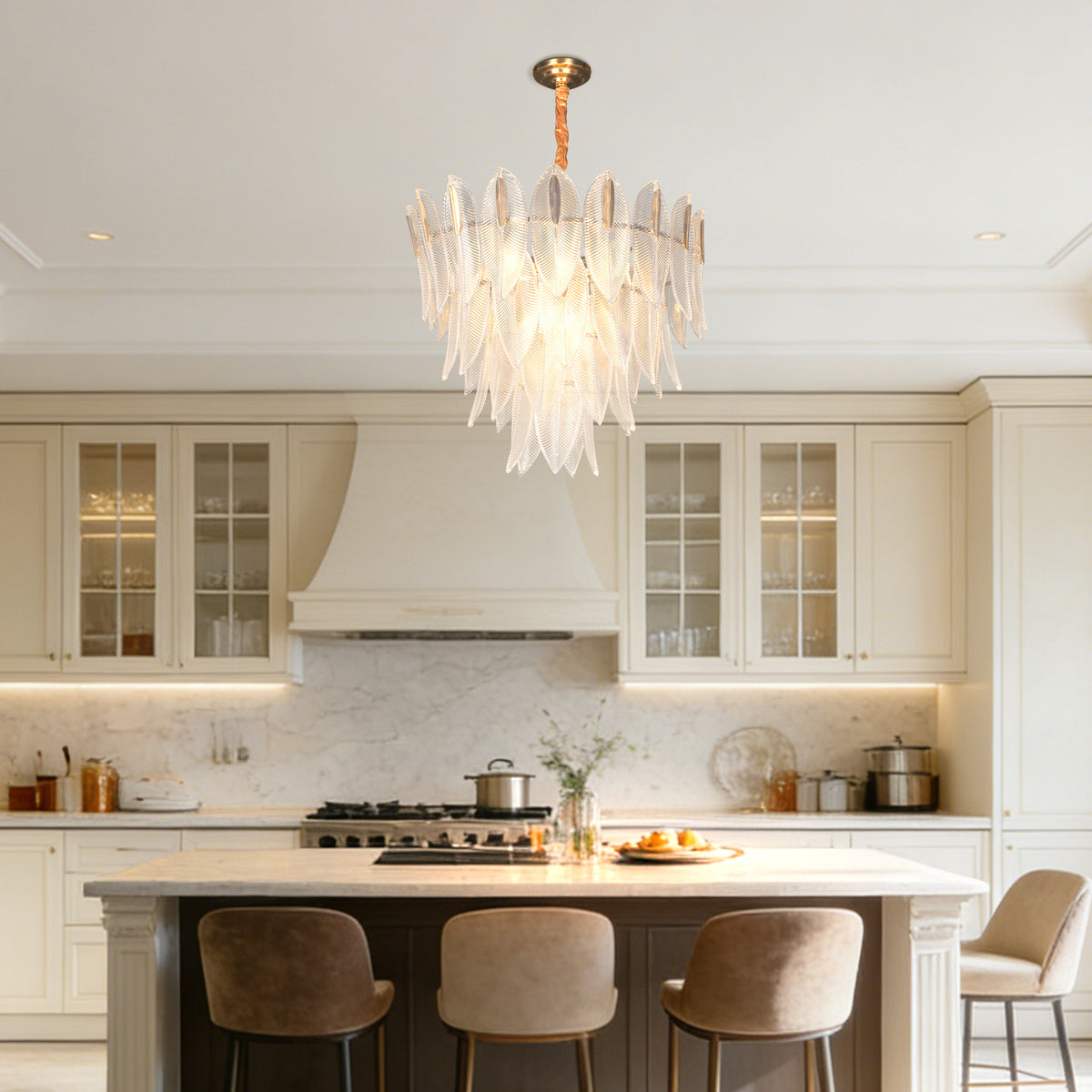 Dimmable 3-Color Glass Leaf Chandelier | Modern Luxury Adjustable Height Pendant Light for Living Room Dining Room Bedroom Study