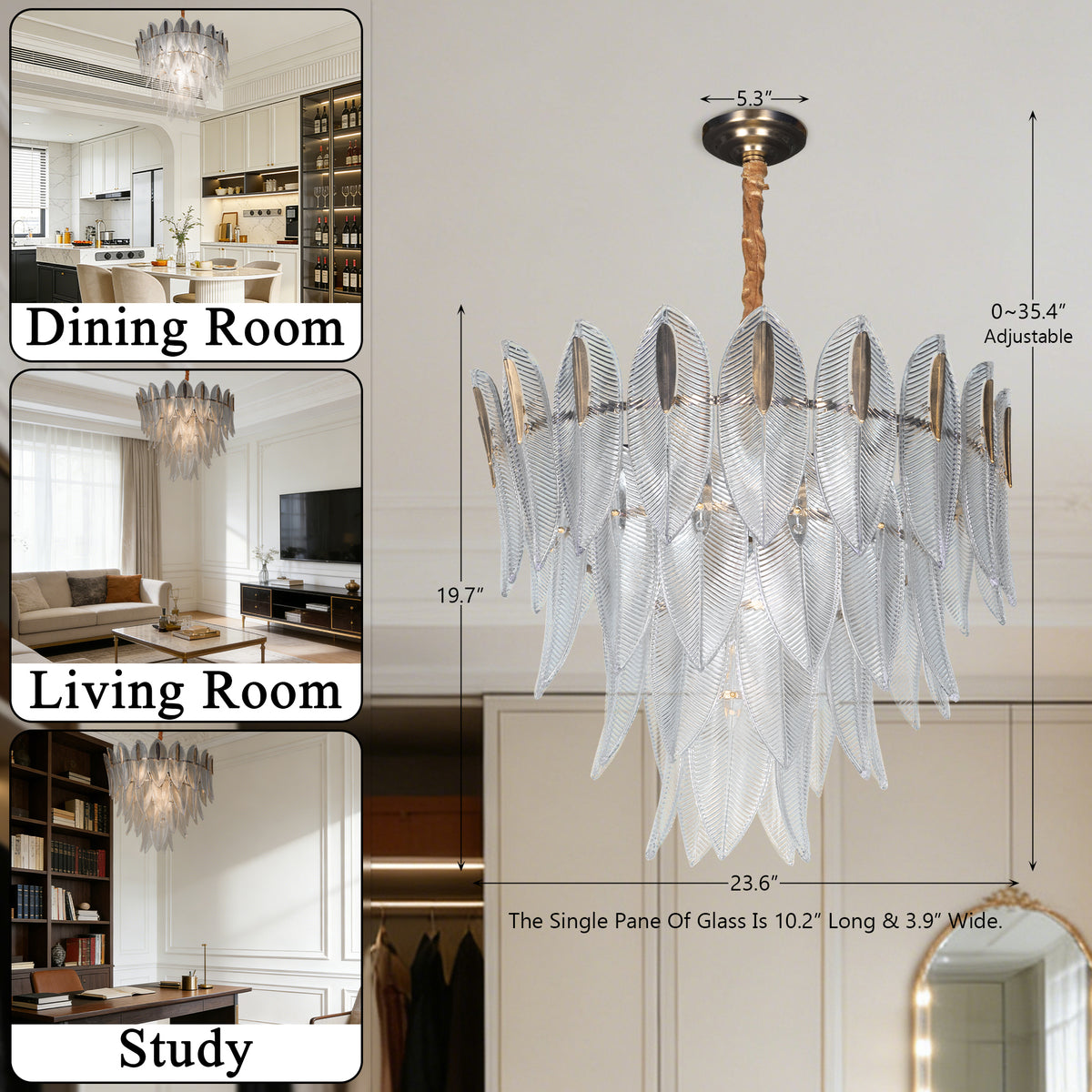 Dimmable 3-Color Glass Leaf Chandelier | Modern Luxury Adjustable Height Pendant Light for Living Room Dining Room Bedroom Study