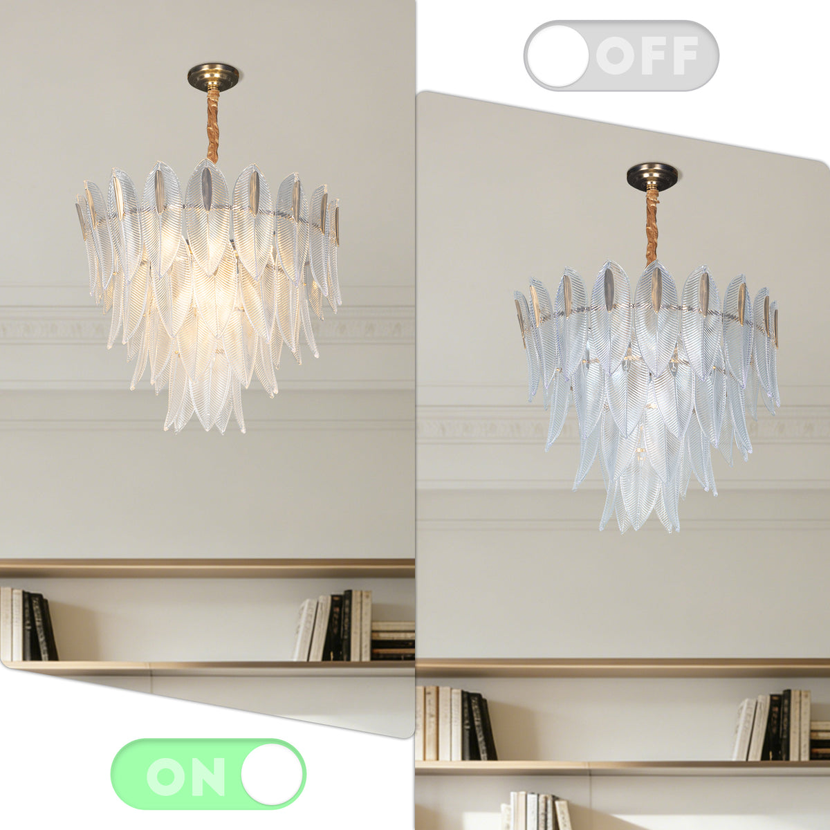 Dimmable 3-Color Glass Leaf Chandelier | Modern Luxury Adjustable Height Pendant Light for Living Room Dining Room Bedroom Study