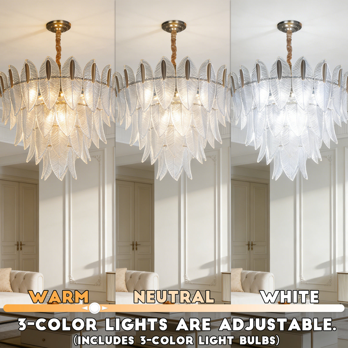 Dimmable 3-Color Glass Leaf Chandelier | Modern Luxury Adjustable Height Pendant Light for Living Room Dining Room Bedroom Study