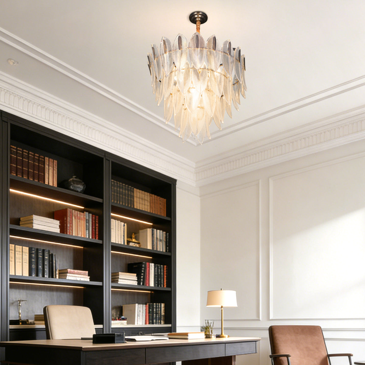 Dimmable 3-Color Glass Leaf Chandelier | Modern Luxury Adjustable Height Pendant Light for Living Room Dining Room Bedroom Study