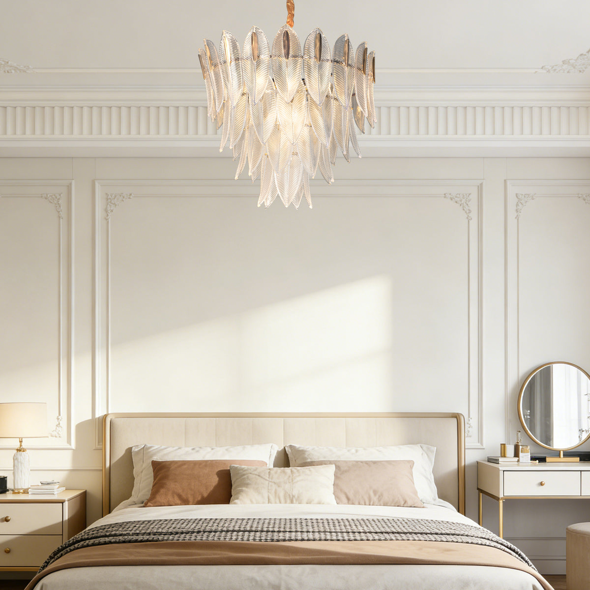 Dimmable 3-Color Glass Leaf Chandelier | Modern Luxury Adjustable Height Pendant Light for Living Room Dining Room Bedroom Study