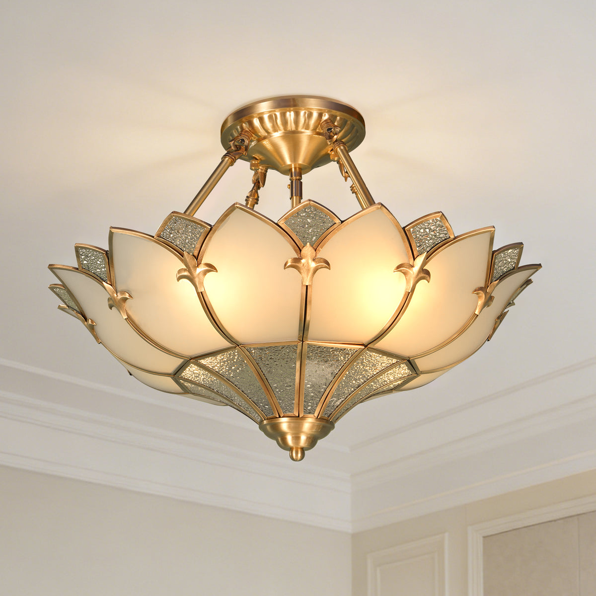 Art Deco Style Lotus Flush Mount Ceiling Light, 3-Color Dimmable Brass Glass Ceiling Lamp