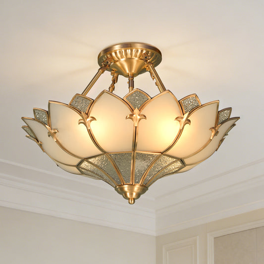 Art Deco Style Lotus Flush Mount Ceiling Light, 3-Color Dimmable Brass Glass Ceiling Lamp