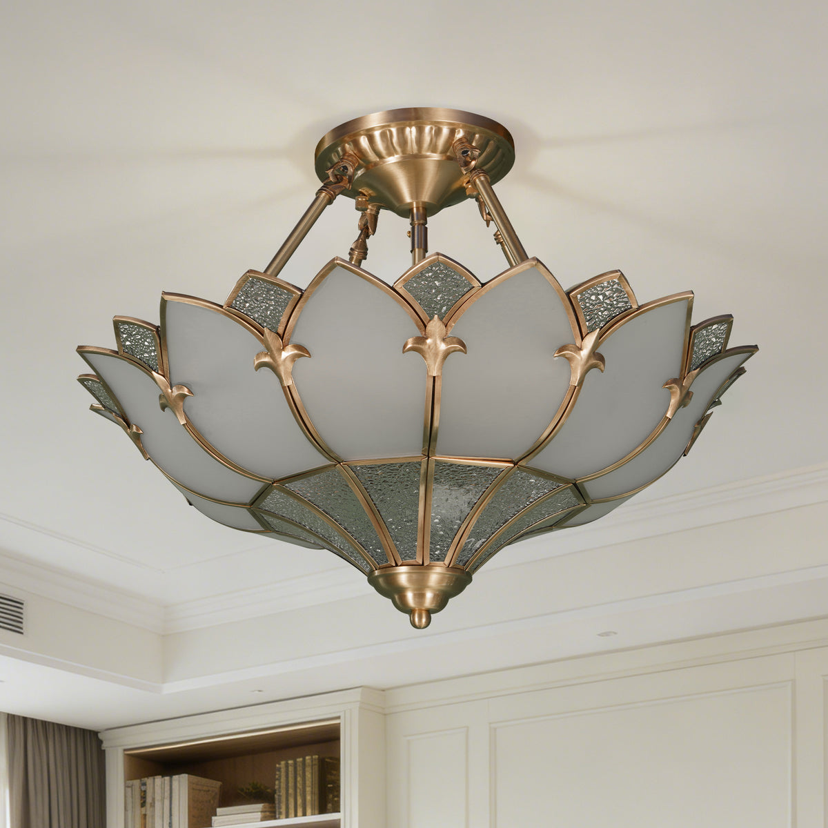Art Deco Style Lotus Flush Mount Ceiling Light, 3-Color Dimmable Brass Glass Ceiling Lamp