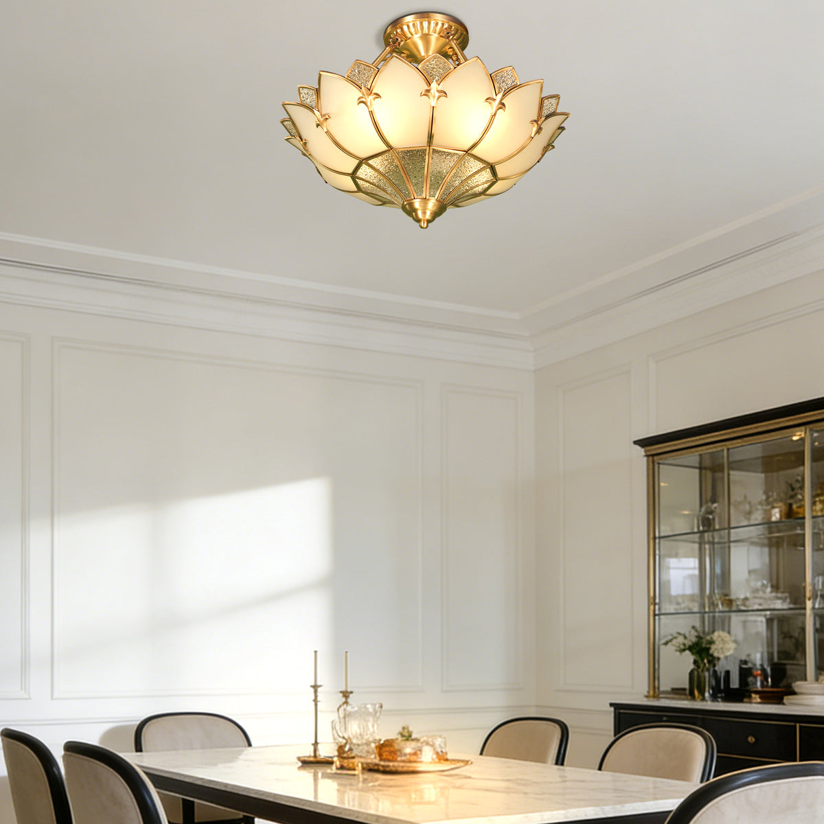 Art Deco Style Lotus Flush Mount Ceiling Light, 3-Color Dimmable Brass Glass Ceiling Lamp
