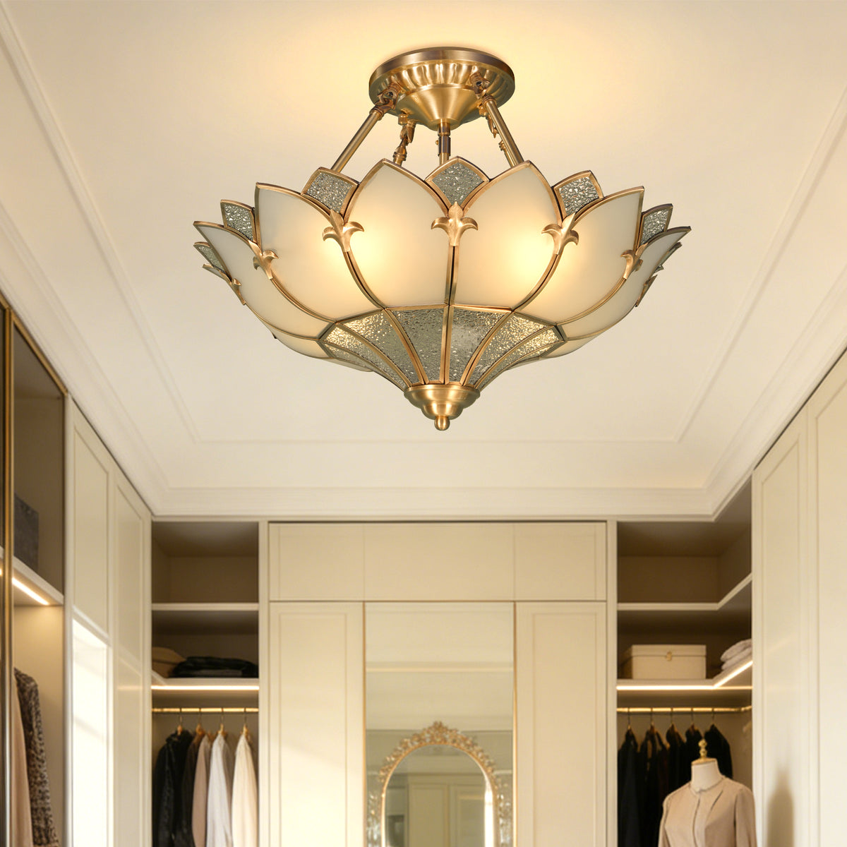 Art Deco Style Lotus Flush Mount Ceiling Light, 3-Color Dimmable Brass Glass Ceiling Lamp