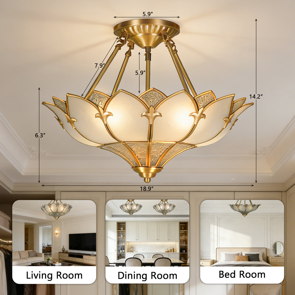 Art Deco Style Lotus Flush Mount Ceiling Light, 3-Color Dimmable Brass Glass Ceiling Lamp