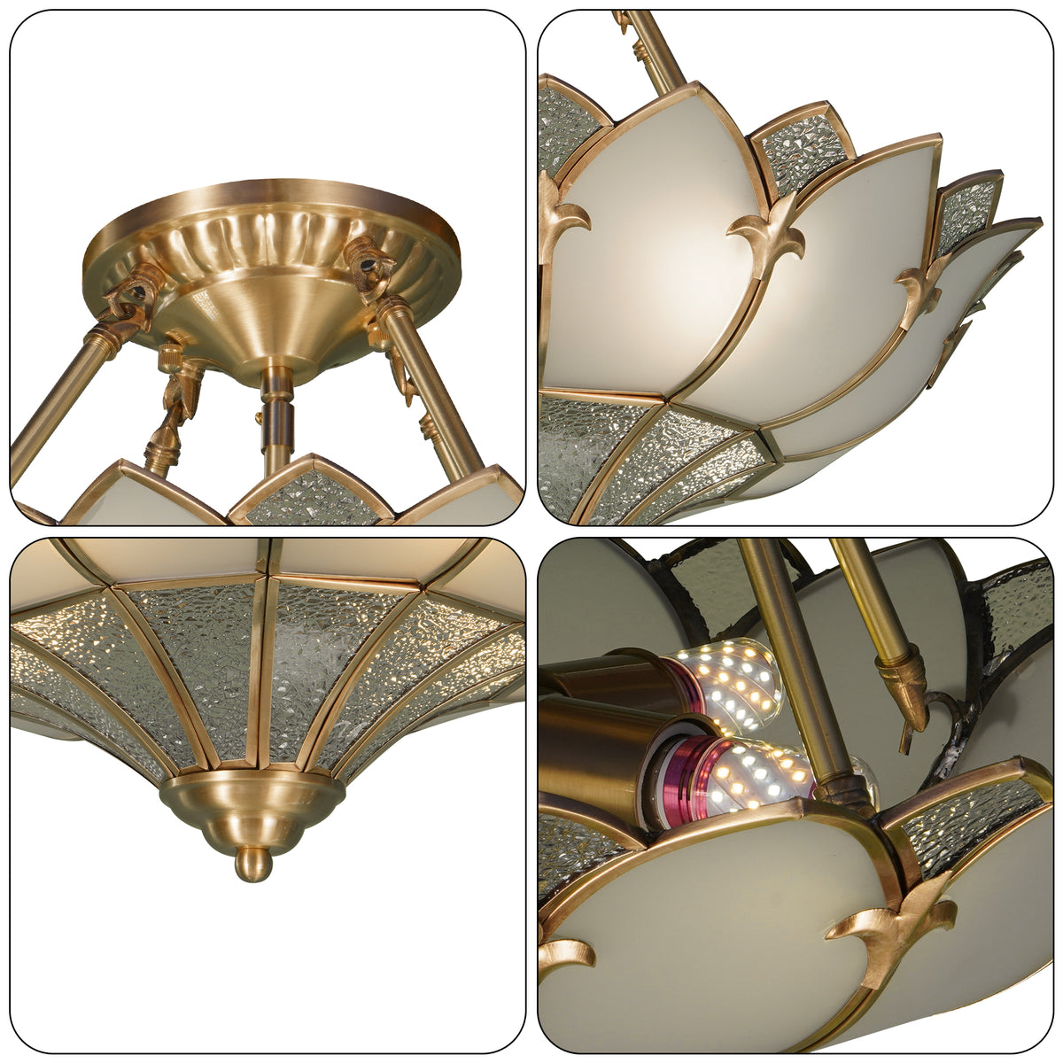 Art Deco Style Lotus Flush Mount Ceiling Light, 3-Color Dimmable Brass Glass Ceiling Lamp