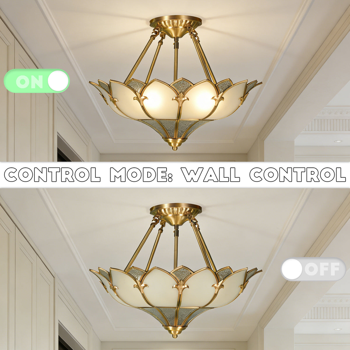 Art Deco Style Lotus Flush Mount Ceiling Light, 3-Color Dimmable Brass Glass Ceiling Lamp