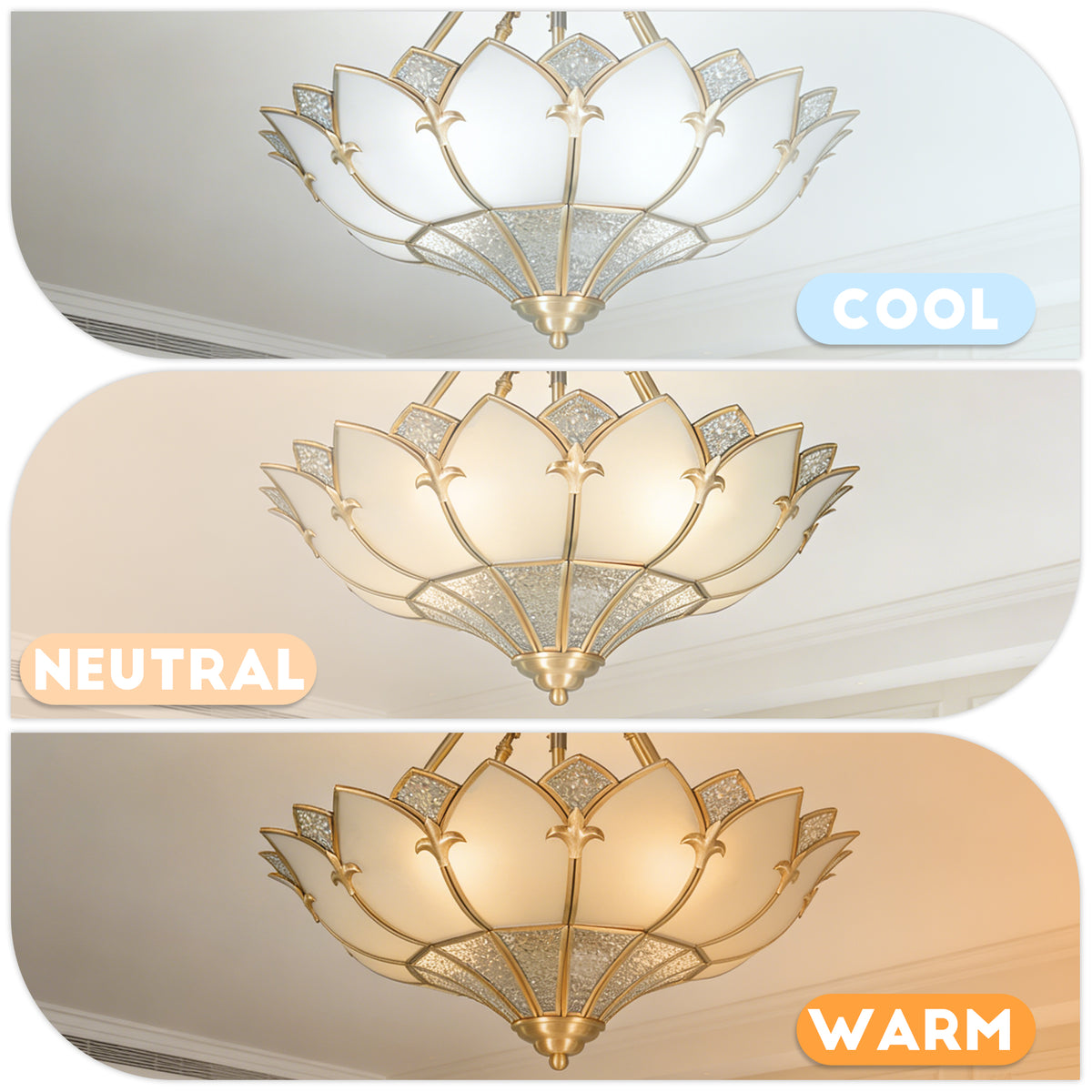 Art Deco Style Lotus Flush Mount Ceiling Light, 3-Color Dimmable Brass Glass Ceiling Lamp