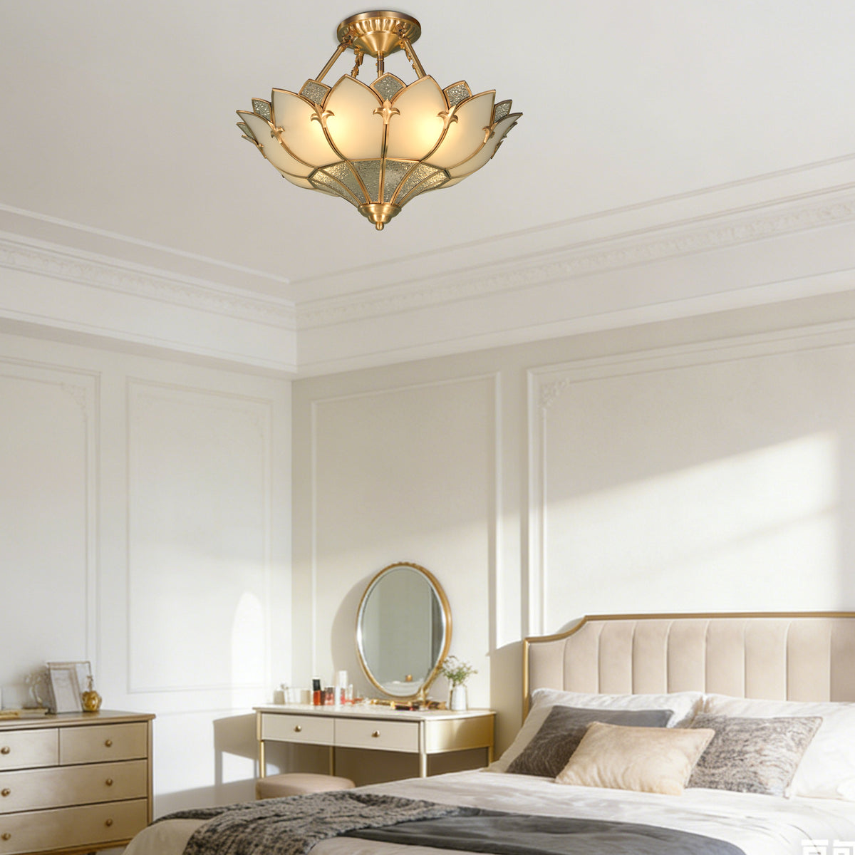 Art Deco Style Lotus Flush Mount Ceiling Light, 3-Color Dimmable Brass Glass Ceiling Lamp