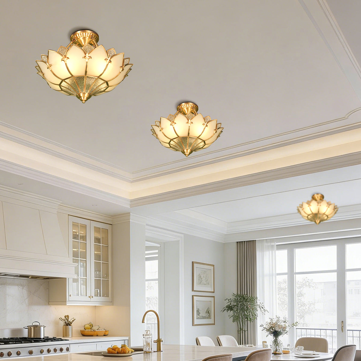 Art Deco Style Lotus Flush Mount Ceiling Light, 3-Color Dimmable Brass Glass Ceiling Lamp