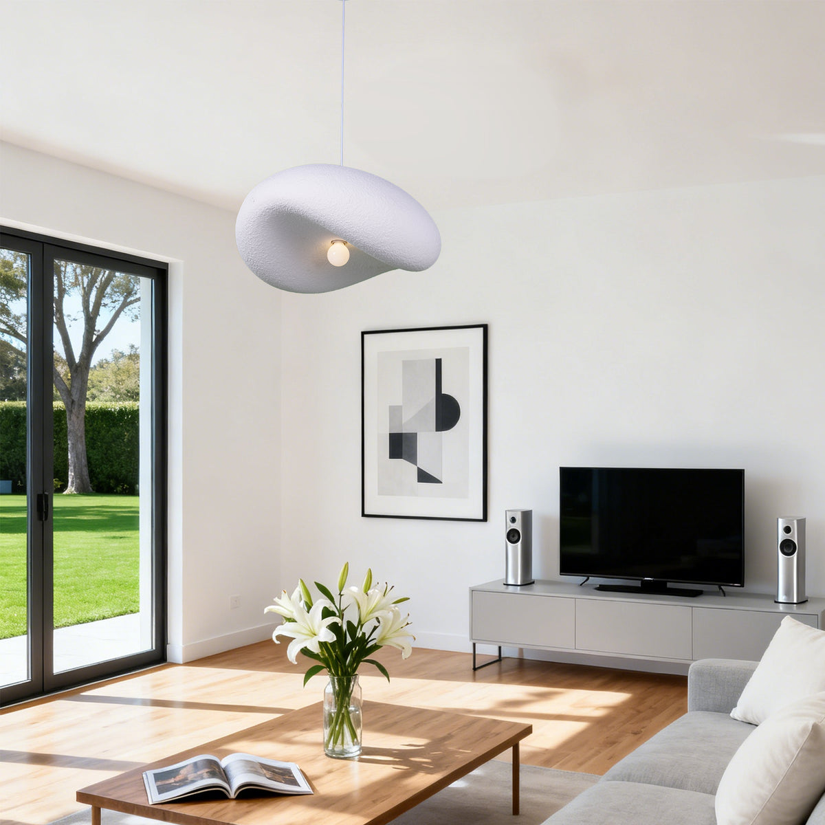 Modern White Cloud Stone Pendant Light - 3-Color Dimmable E26 Adjustable Height Ceiling Lamp