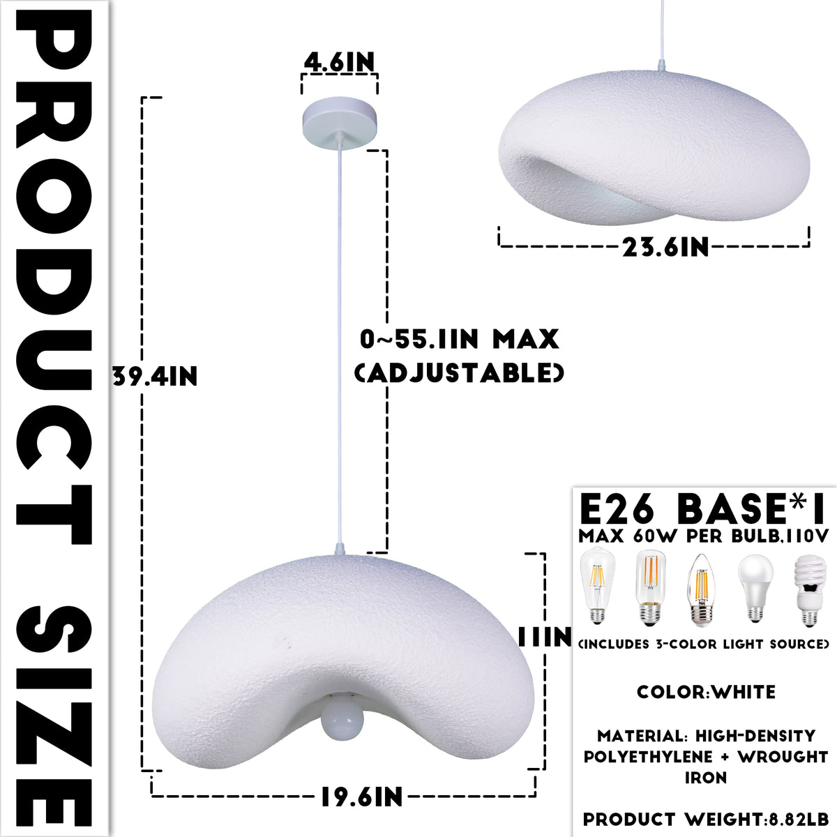Modern White Cloud Stone Pendant Light - 3-Color Dimmable E26 Adjustable Height Ceiling Lamp