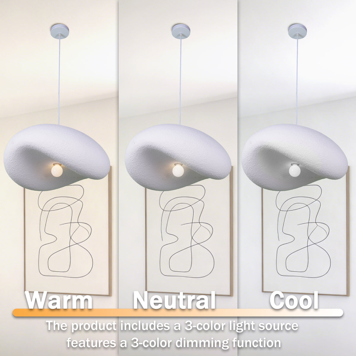 Modern White Cloud Stone Pendant Light - 3-Color Dimmable E26 Adjustable Height Ceiling Lamp