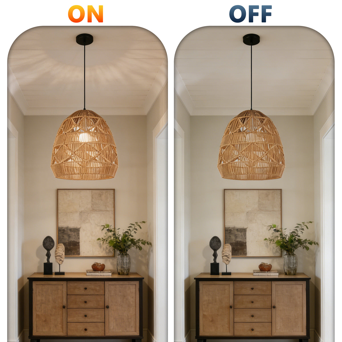 Bohemian Woven Rattan Pendant Light - Adjustable Height Egg-Shaped Ceiling Lamp Boho Farmhouse Style