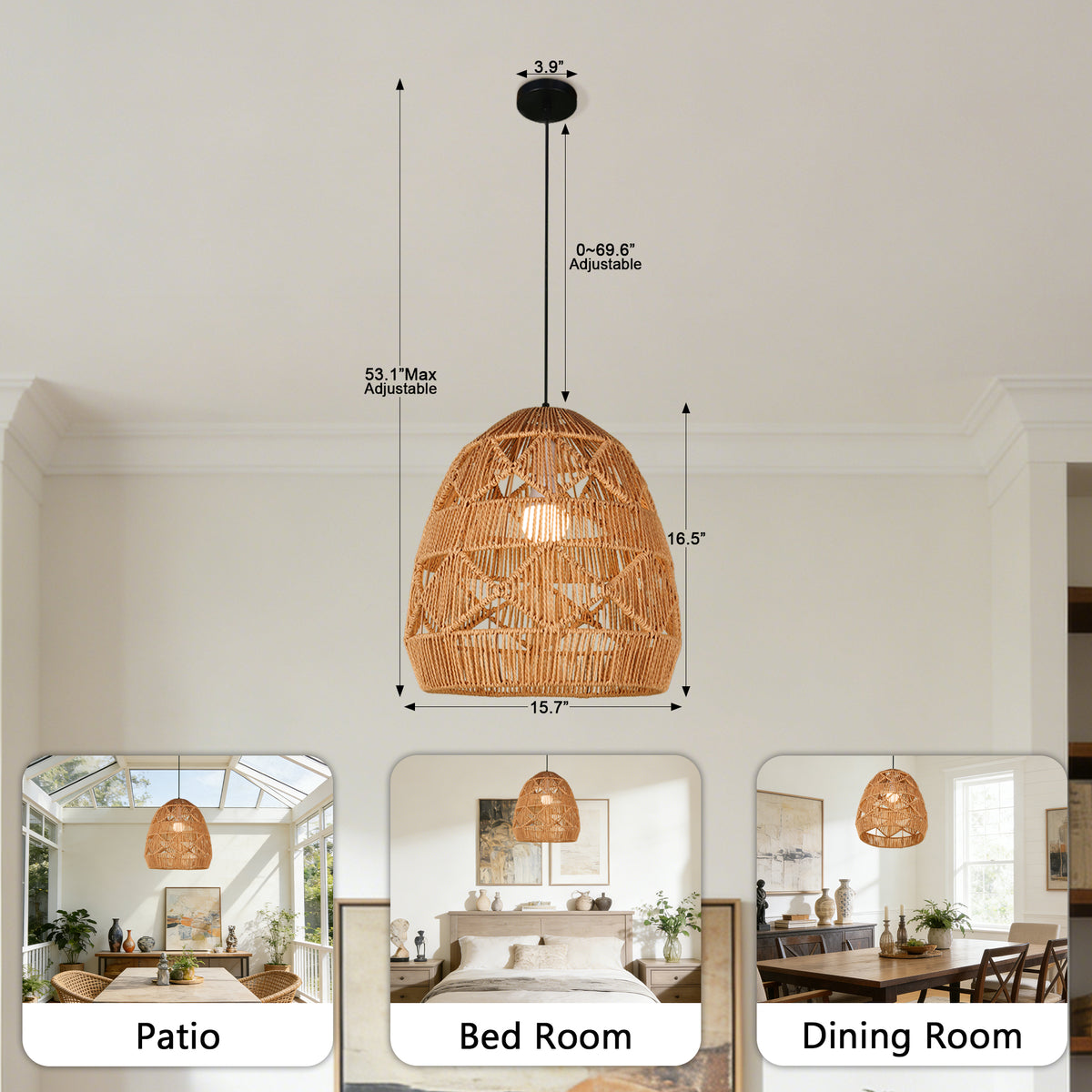 Bohemian Woven Rattan Pendant Light - Adjustable Height Egg-Shaped Ceiling Lamp Boho Farmhouse Style