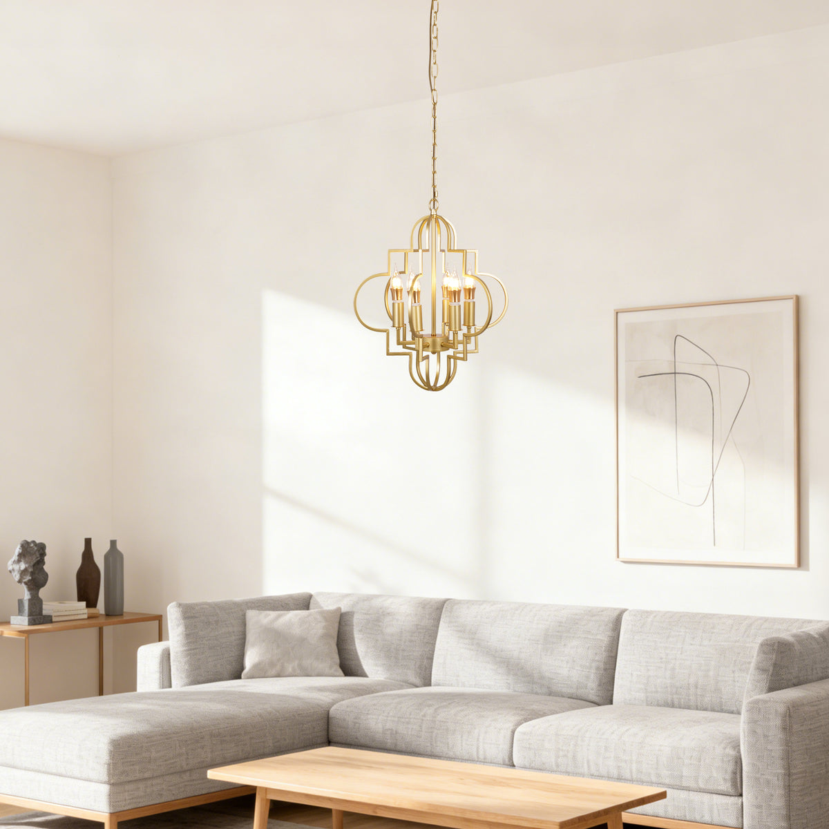 Modern Geometric Gold 6-Light Chandelier - Adjustable Height Pendant Light E12