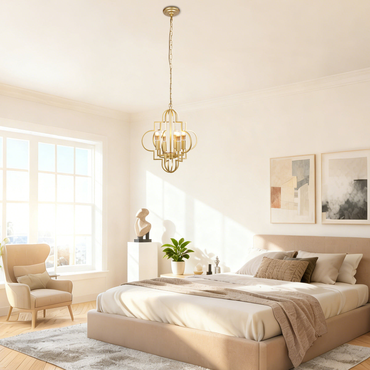 Modern Geometric Gold 6-Light Chandelier - Adjustable Height Pendant Light E12