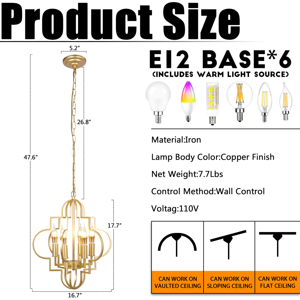 Modern Geometric Gold 6-Light Chandelier - Adjustable Height Pendant Light E12