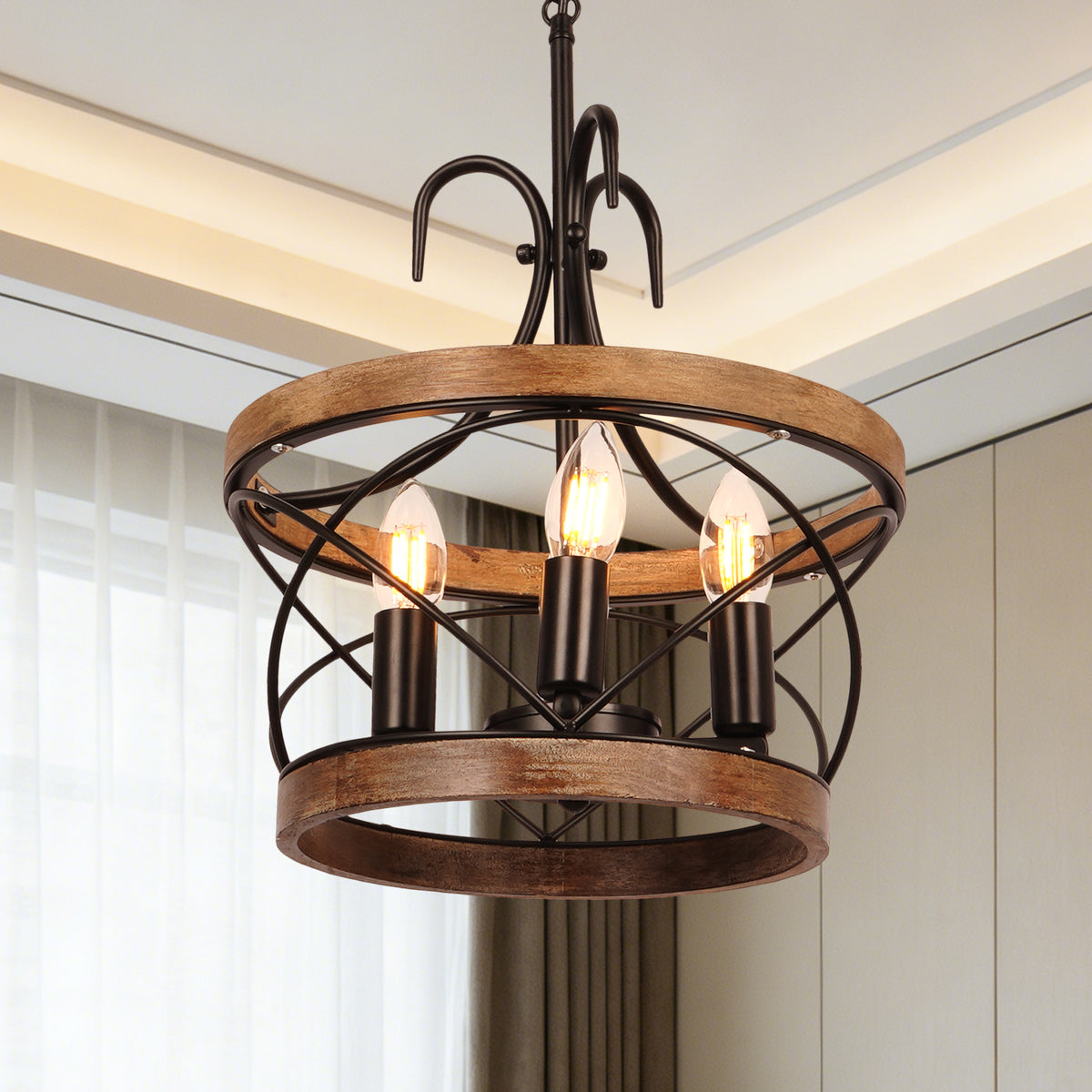 Rustic Farmhouse Wood Metal Chandelier | 3-Light E12 Adjustable Pendant Light