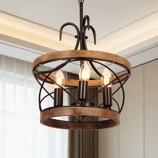 Rustic Farmhouse Wood Metal Chandelier | 3-Light E12 Adjustable Pendant Light